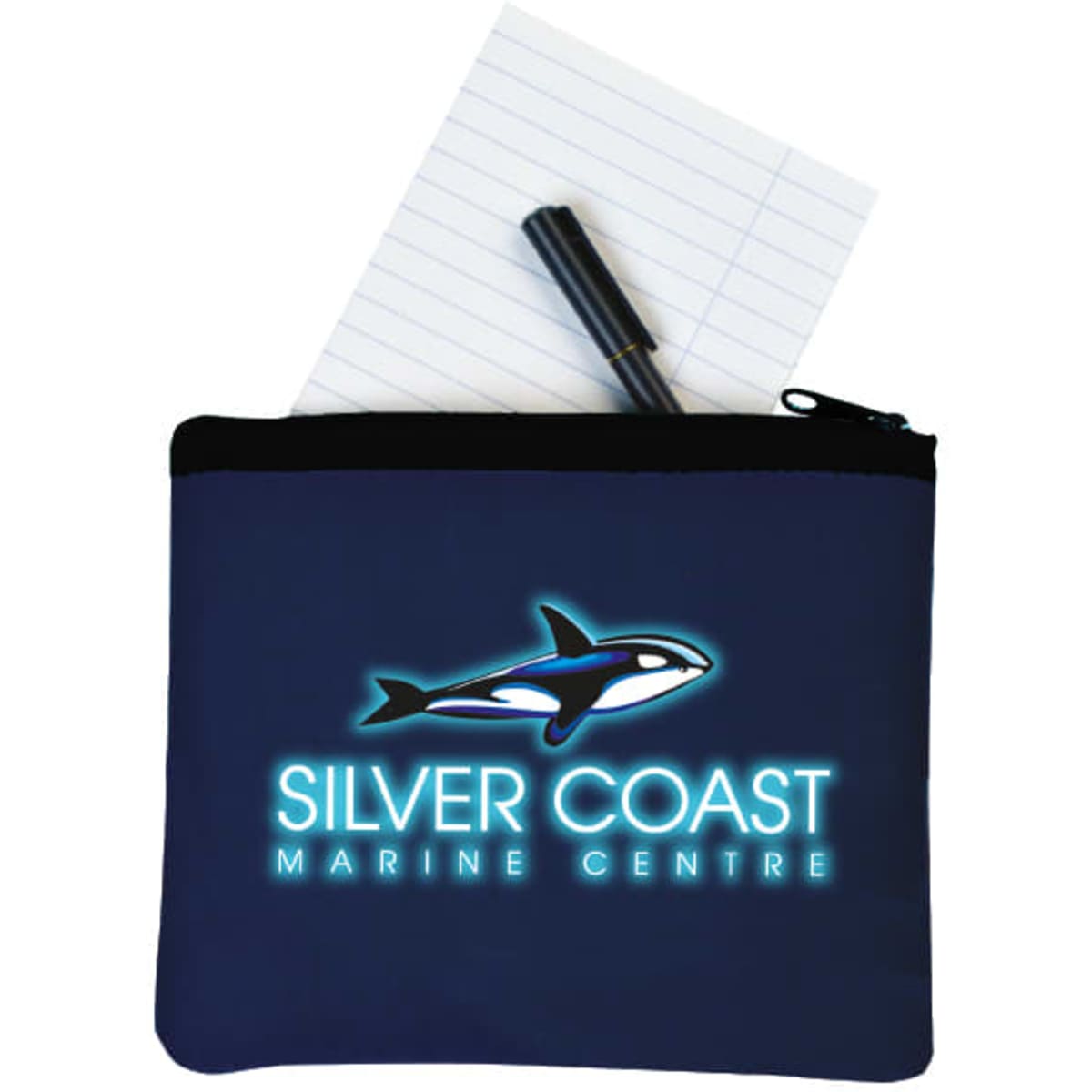 A navy pencil case with a logo and a pen, alongside lined notepad paper peeking from the top.