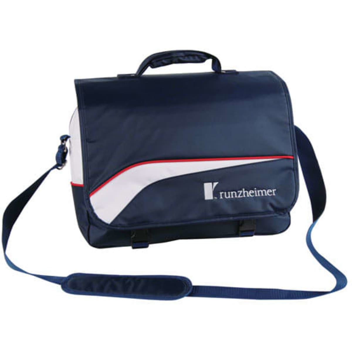 A navy and white laptop shoulder bag with a red accent and a shoulder strap, featuring a logo.