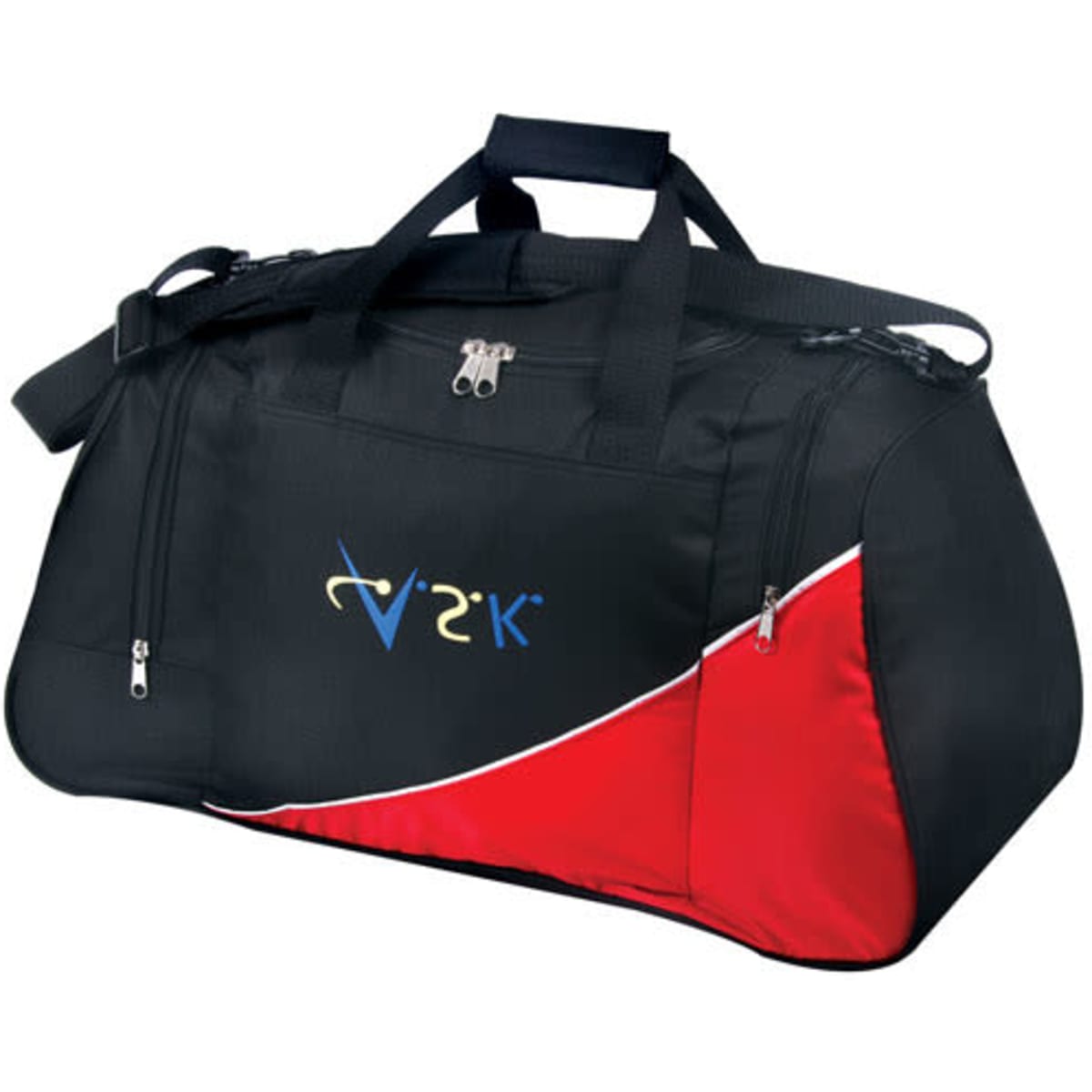 A black and red duffle bag with a zipper, featuring a logo on the front. Suitable for sports and travel.