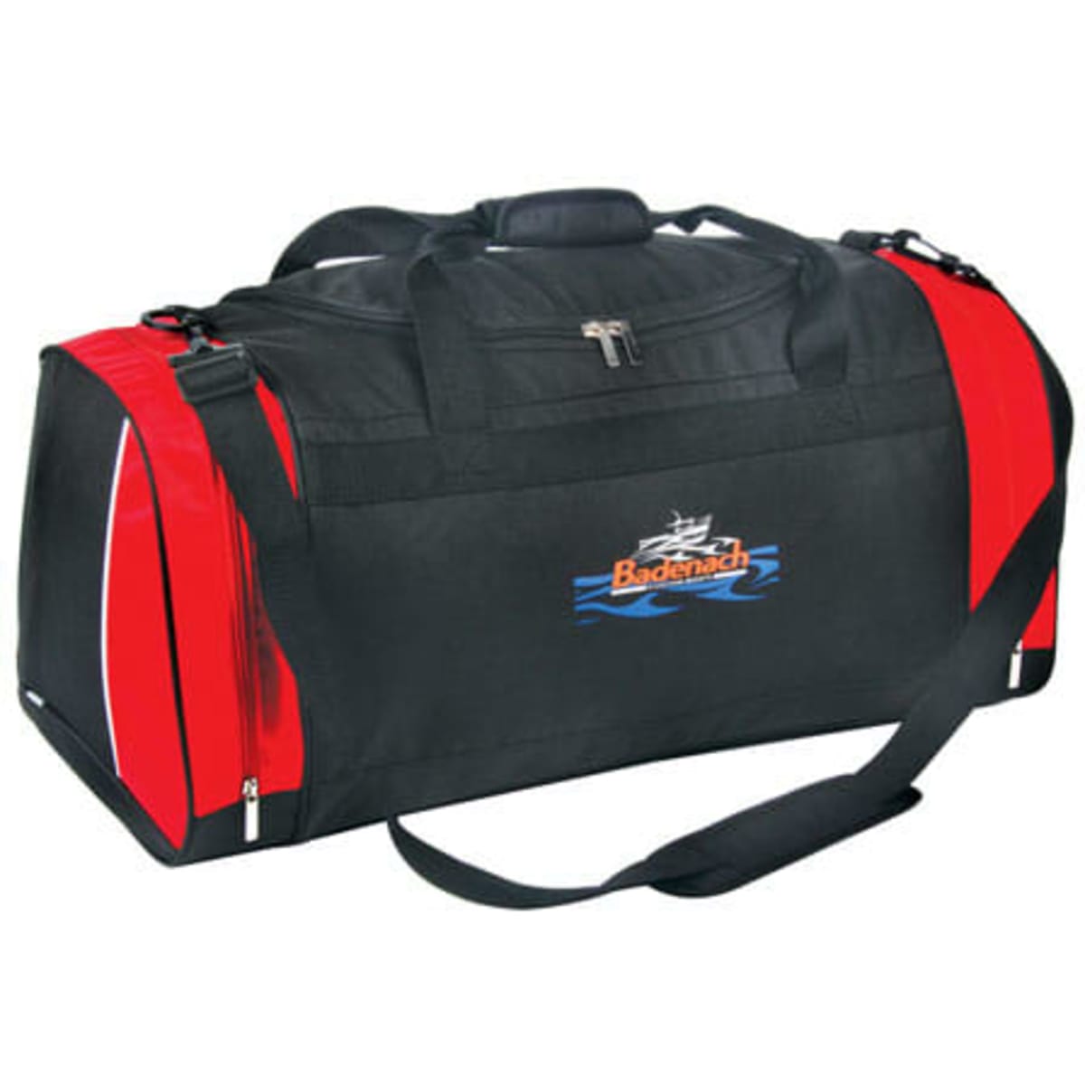A black and red duffle bag with a shoulder strap, featuring a logo on the side.