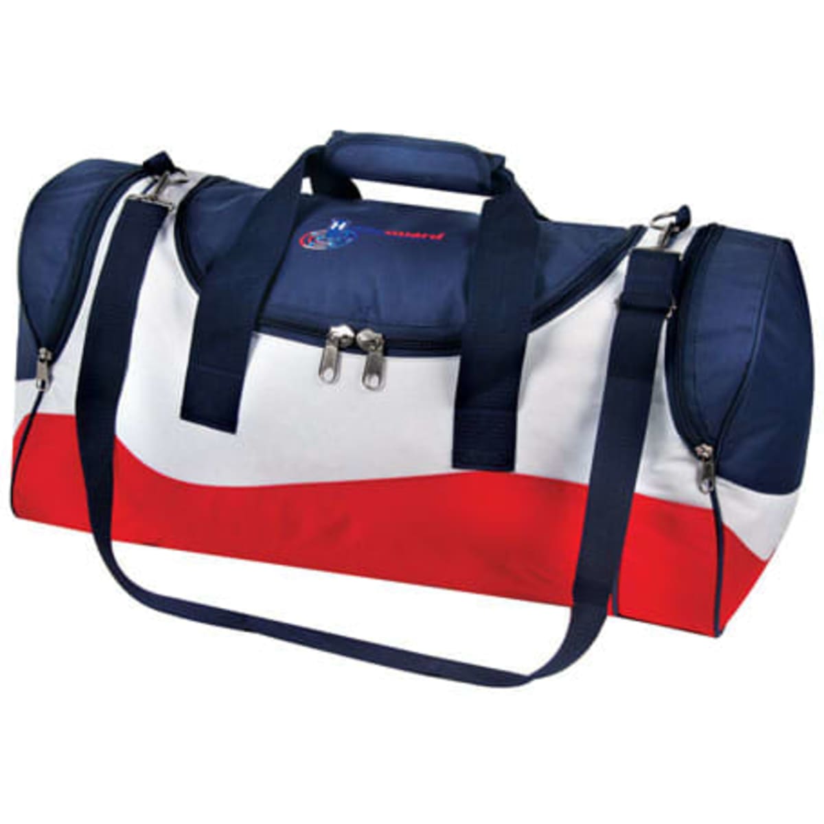 A duffle bag in navy blue, white, and red with a shoulder strap and a logo.