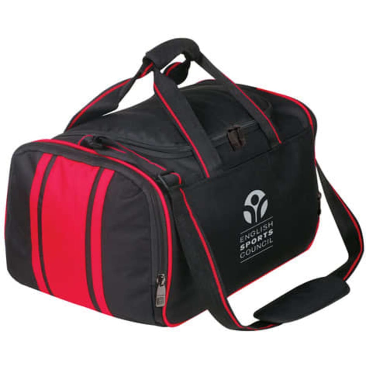 A black duffle bag with red stripes, featuring a logo. It has dual handles and a shoulder strap.