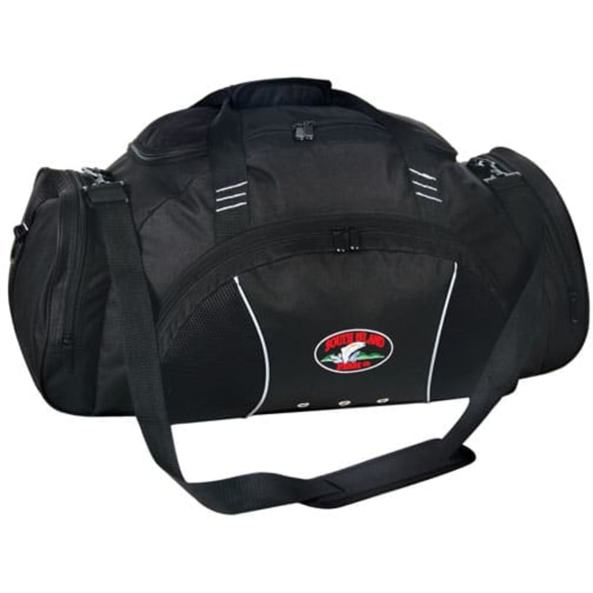 A black duffle bag with a shoulder strap and a logo. Features zippers and white stitching details.