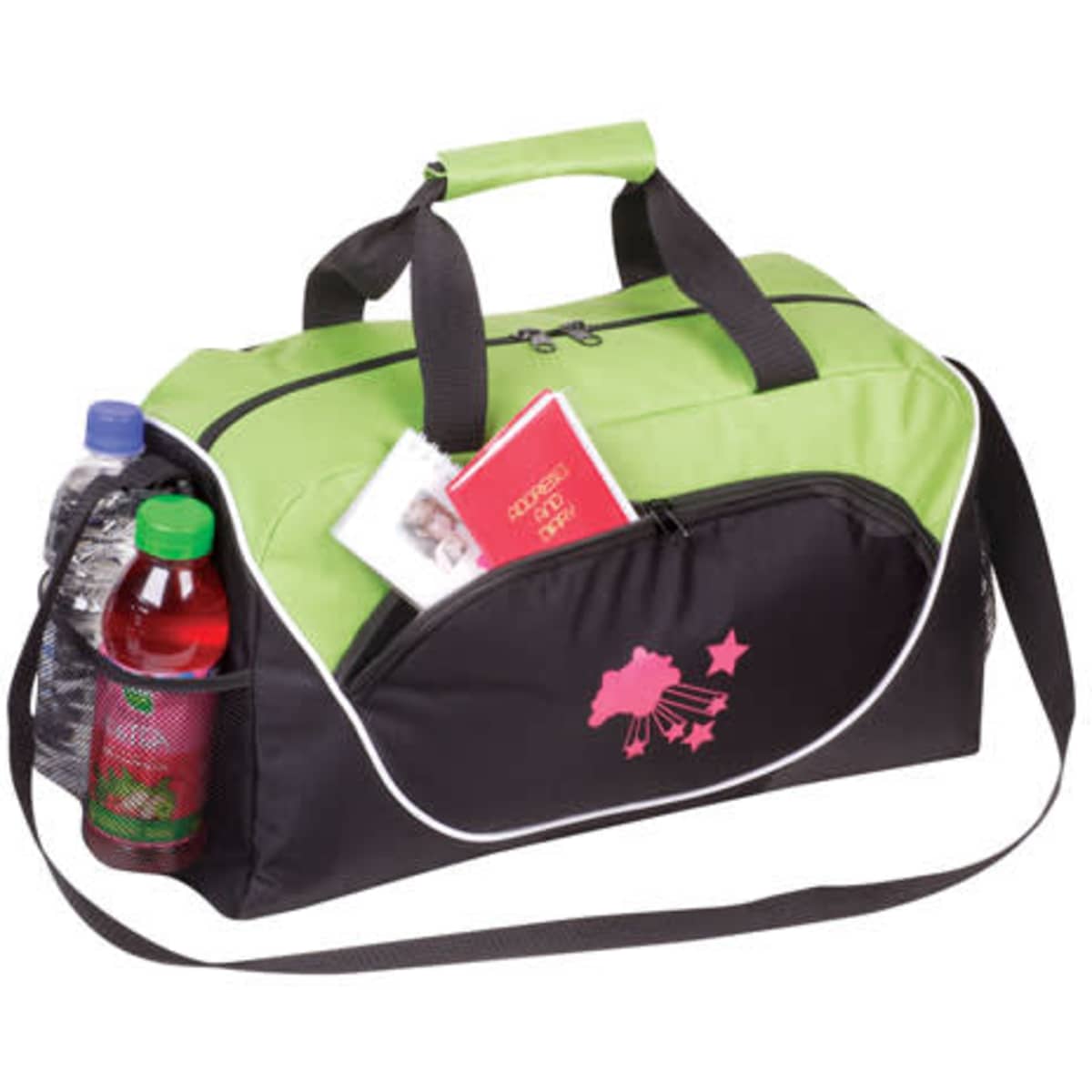 A green and black duffle bag with side pockets holding two drink bottles and a pouch with items. Features a logo.