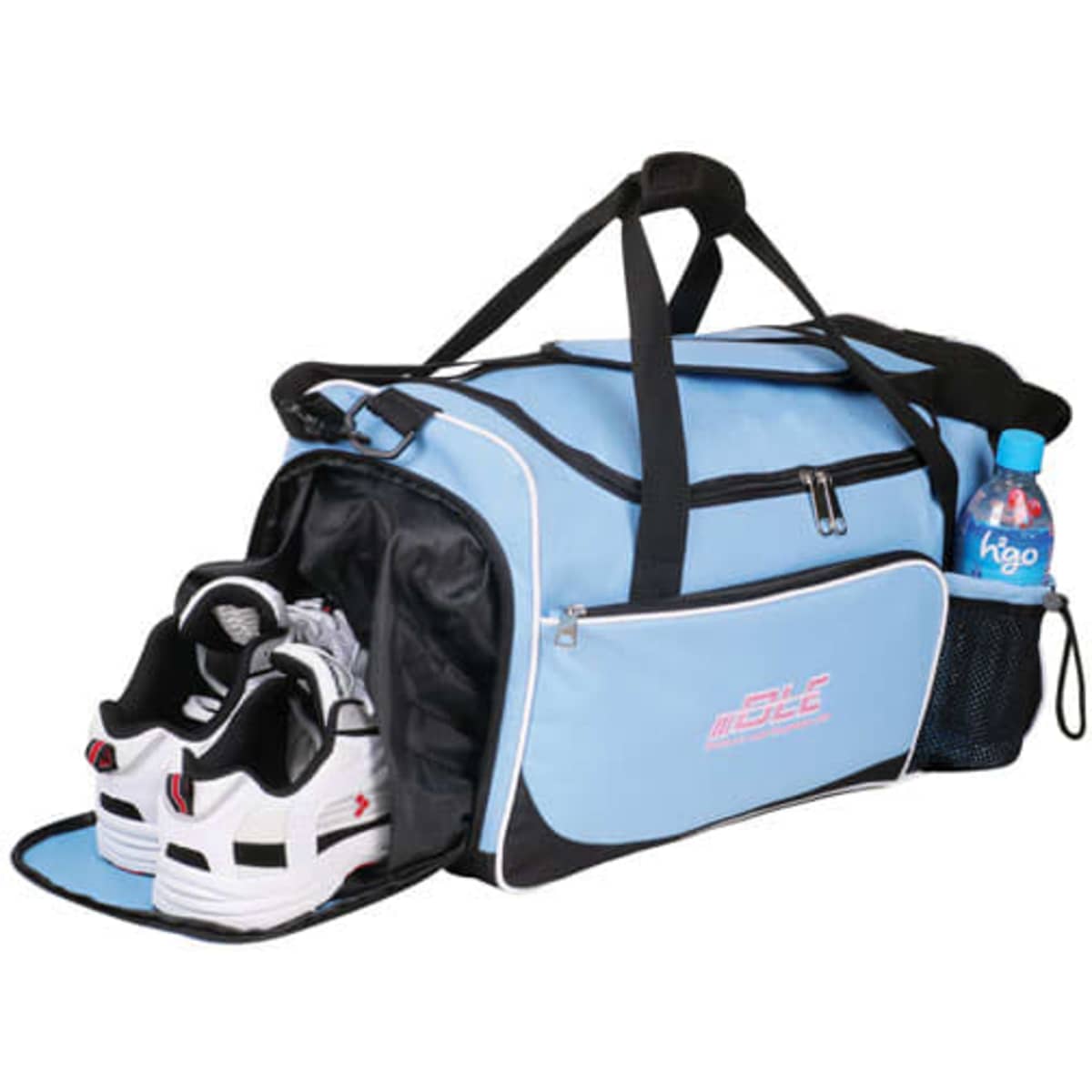 A blue duffle bag featuring a side pocket with a drink bottle and compartment for shoes. It has a logo.