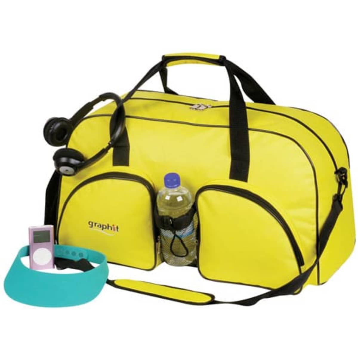 A bright yellow duffle bag with black accents, featuring a drink bottle, headphones, and a fitness band.
