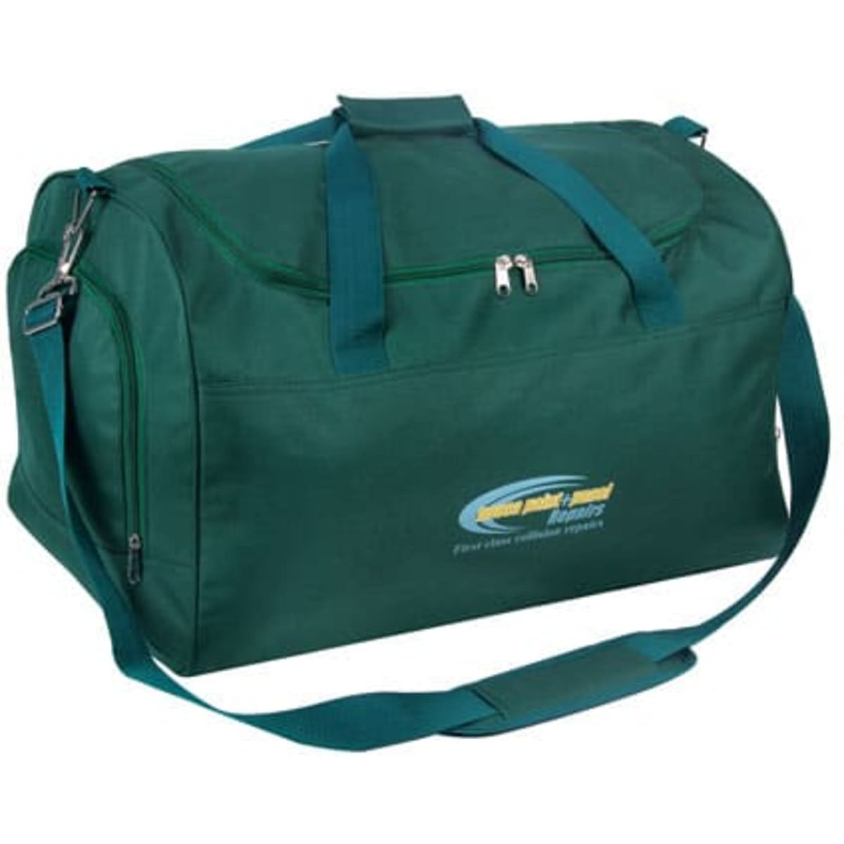 A green duffle bag with dual handles, a shoulder strap, and a logo on the front.