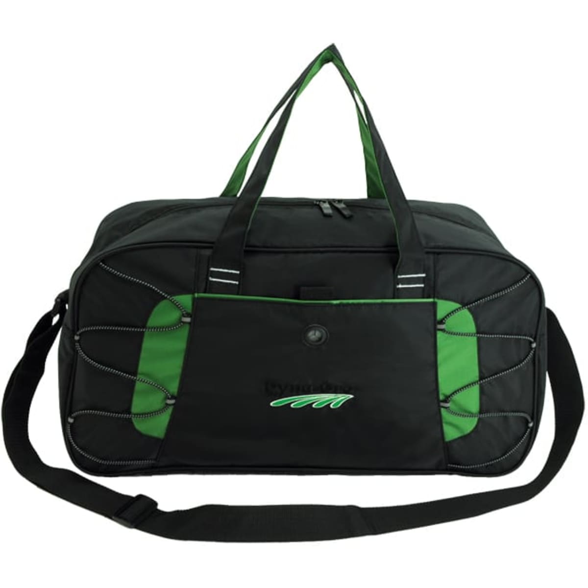A black and green duffle bag with a front pocket and shoulder strap, featuring a logo on the side.