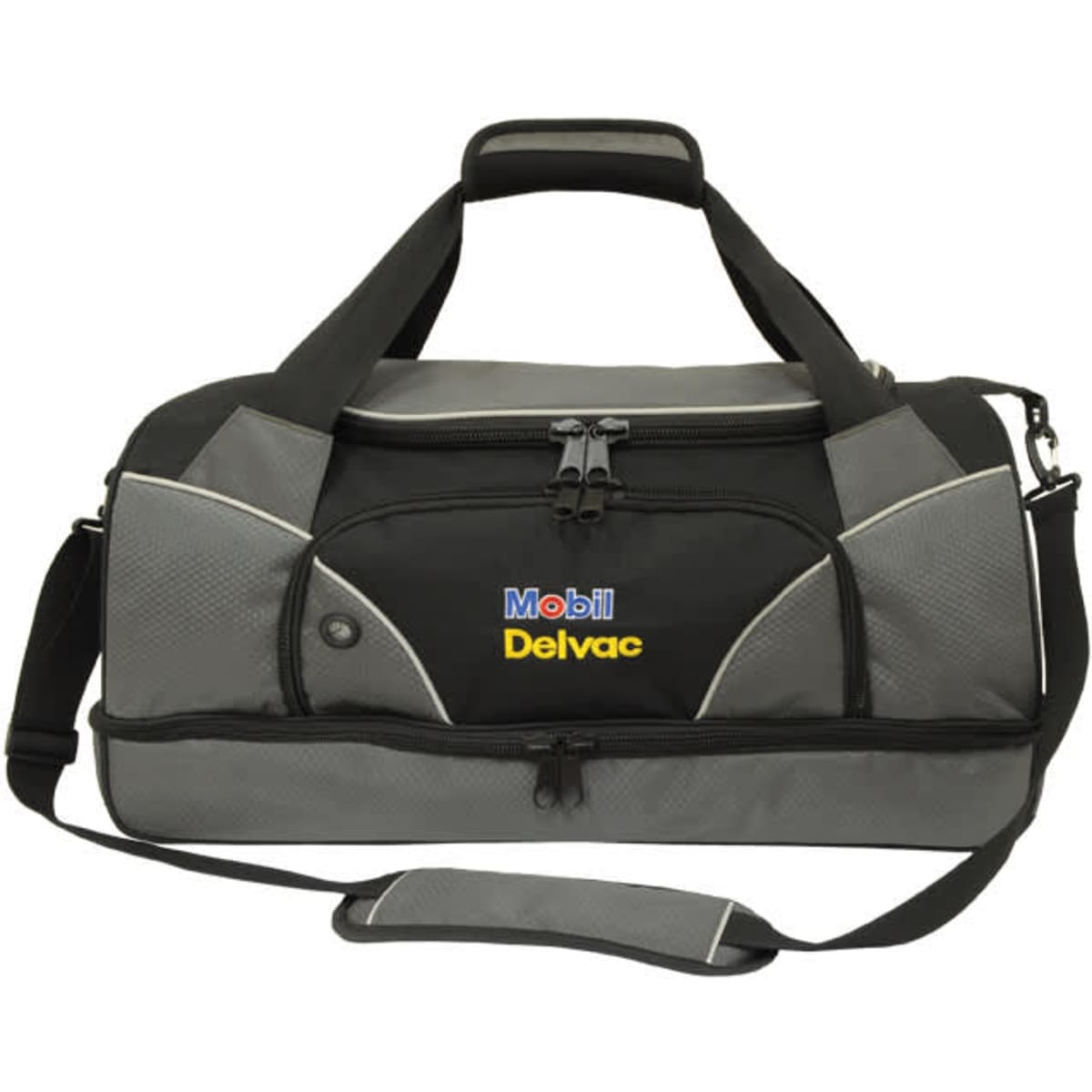 A black and grey duffle bag with a shoulder strap and a logo. Features a zippered main compartment and pockets.
