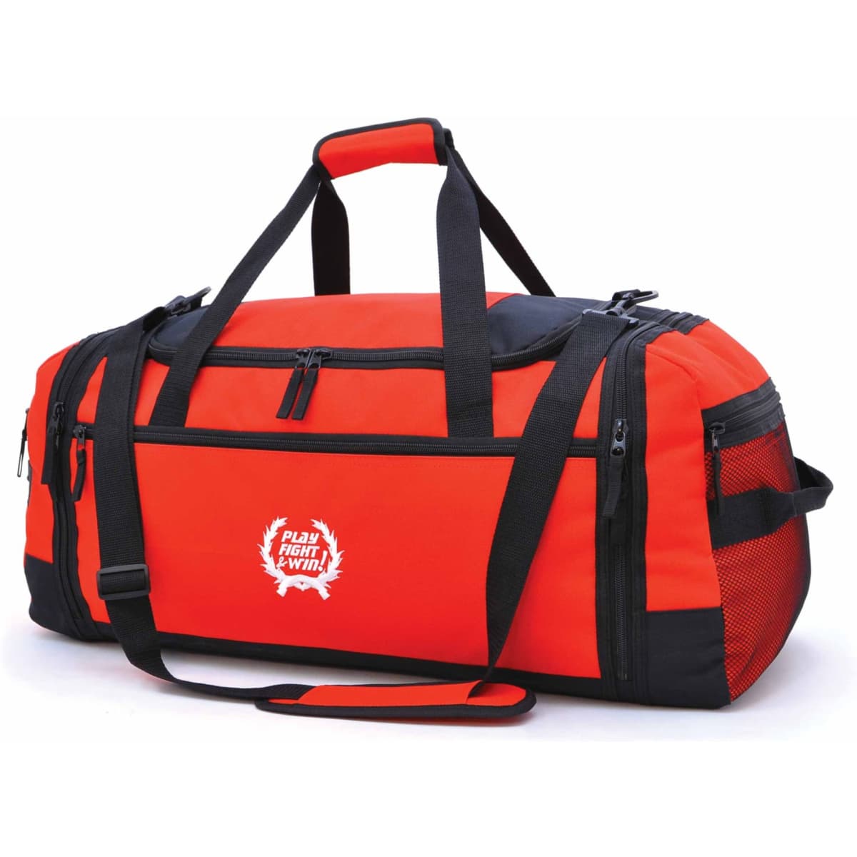 A red and black duffle bag with multiple compartments and a logo on the side. Stylish and functional design.