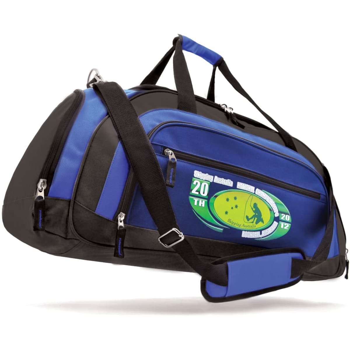 A blue and black duffle bag with a shoulder strap and a logo on the side.