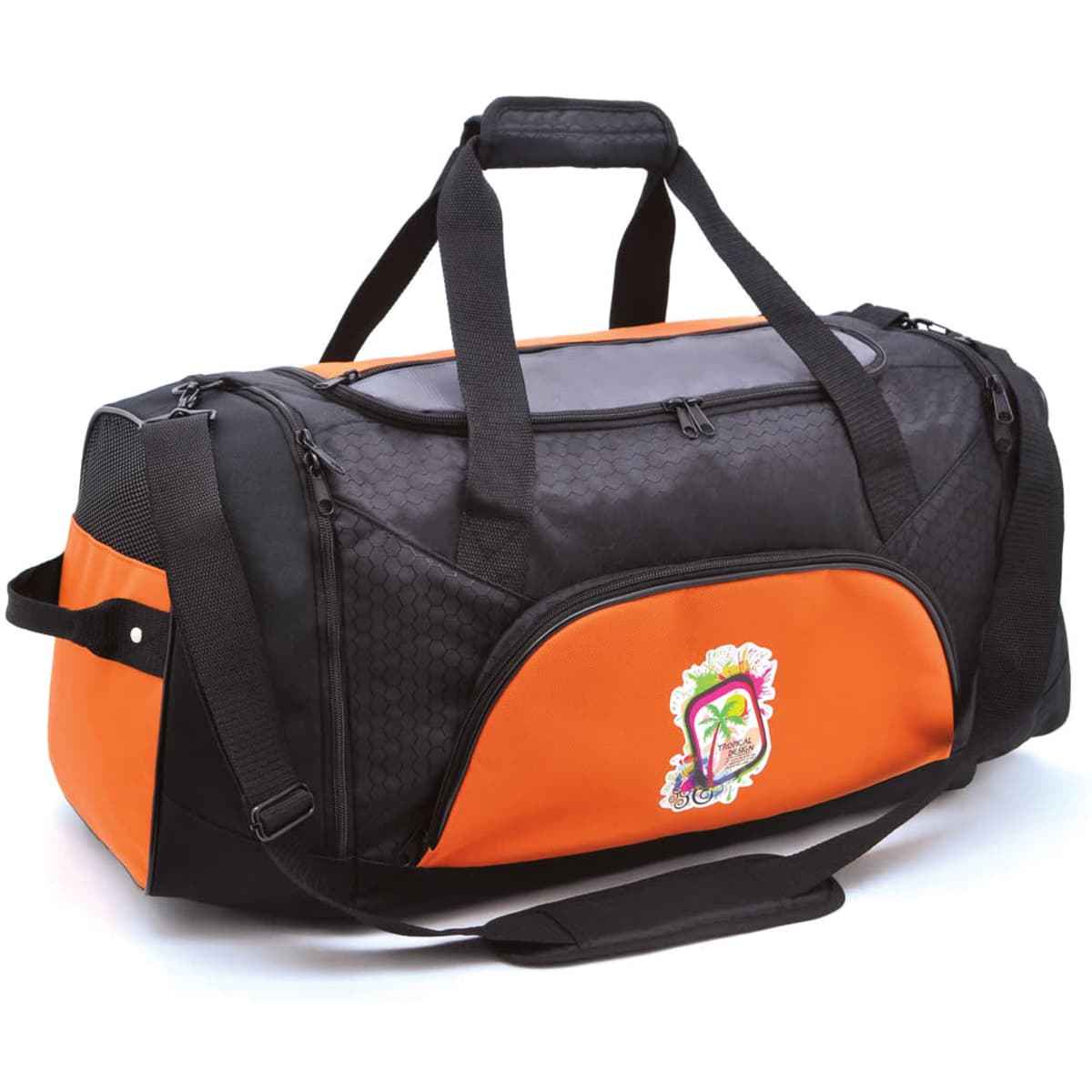 A black and orange duffle bag with a logo on the front and double handles for carrying.