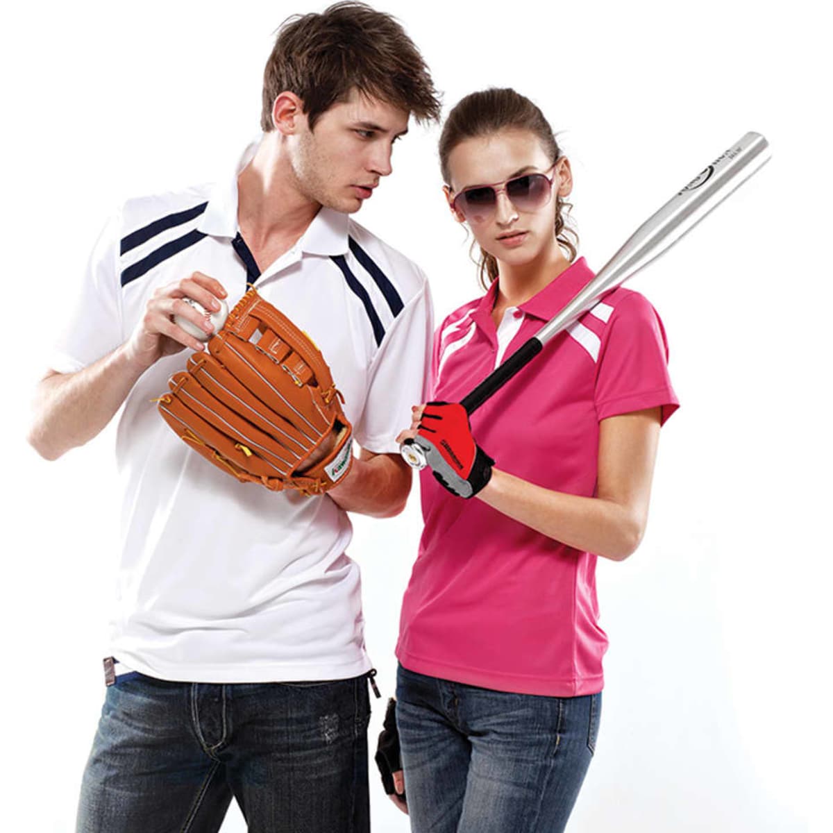 Two models wear Titan Polos: one in white, the other in pink. The male model holds a baseball glove, while the female holds a bat.