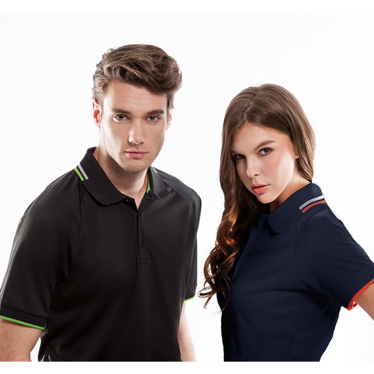Bamboo polos in black and navy, featuring contrasting collar details and logos. Ideal for casual wear.