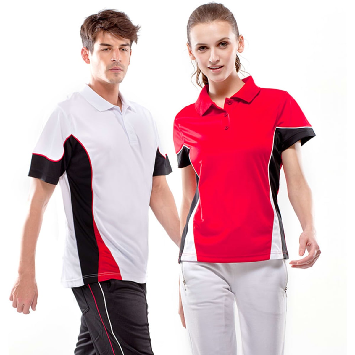A white and red polo shirt set, featuring black accents, worn by a male and female model. Both shirts have a logo.