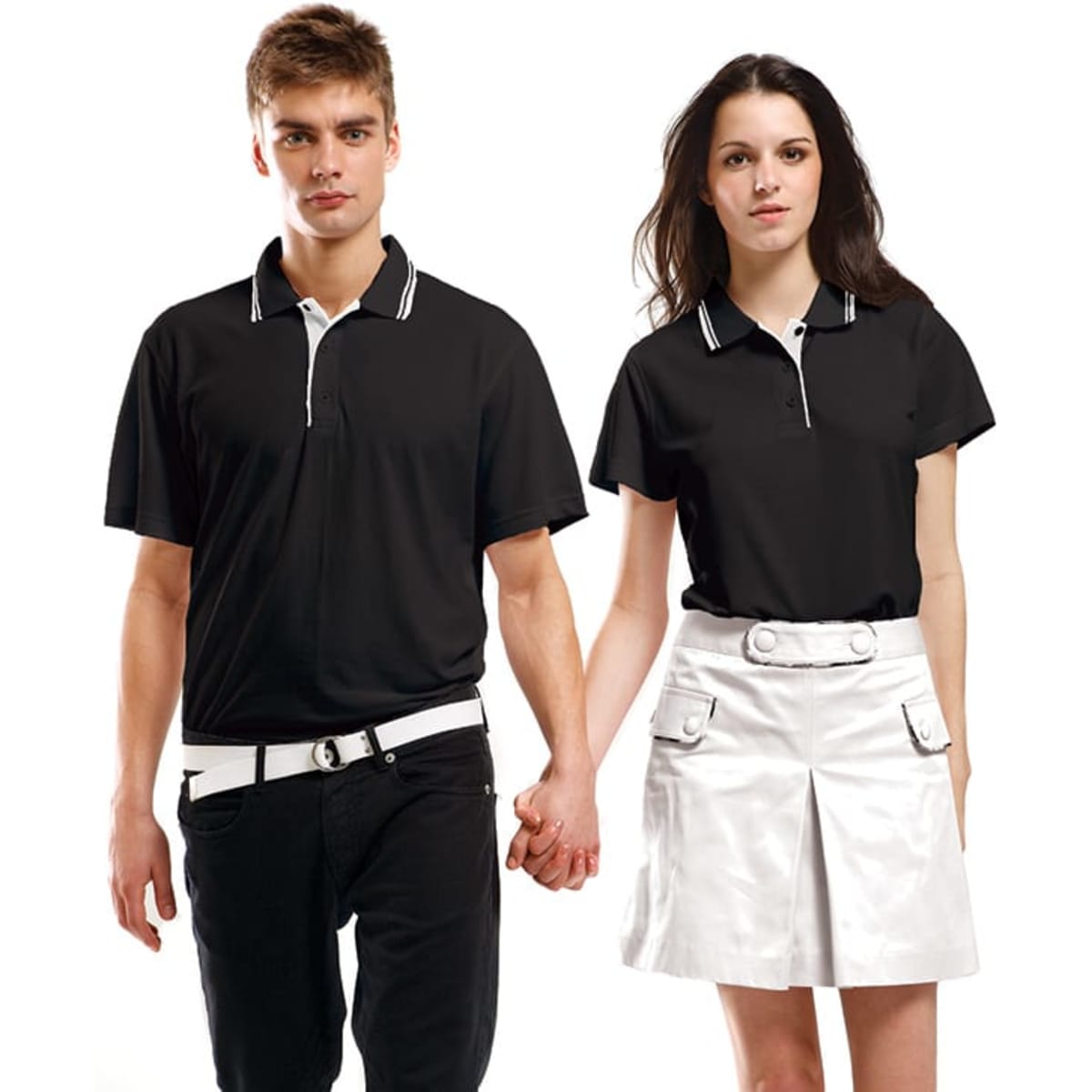 A black polo shirt with contrasting collar, displayed on a male and female model holding hands. Both models wear a belt.