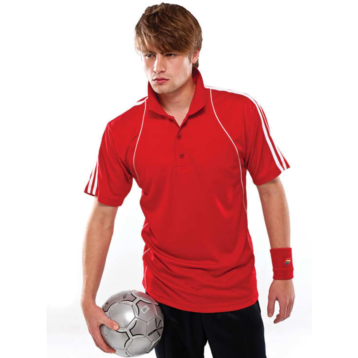 A red polo shirt featuring white stripes on the sleeves, with a logo on the chest.