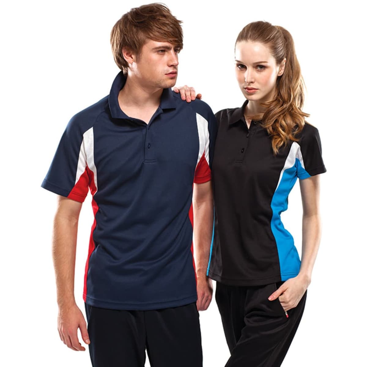 Two people wearing "Verve Polos" in navy blue and black, featuring red and blue accents. Both have a logo.