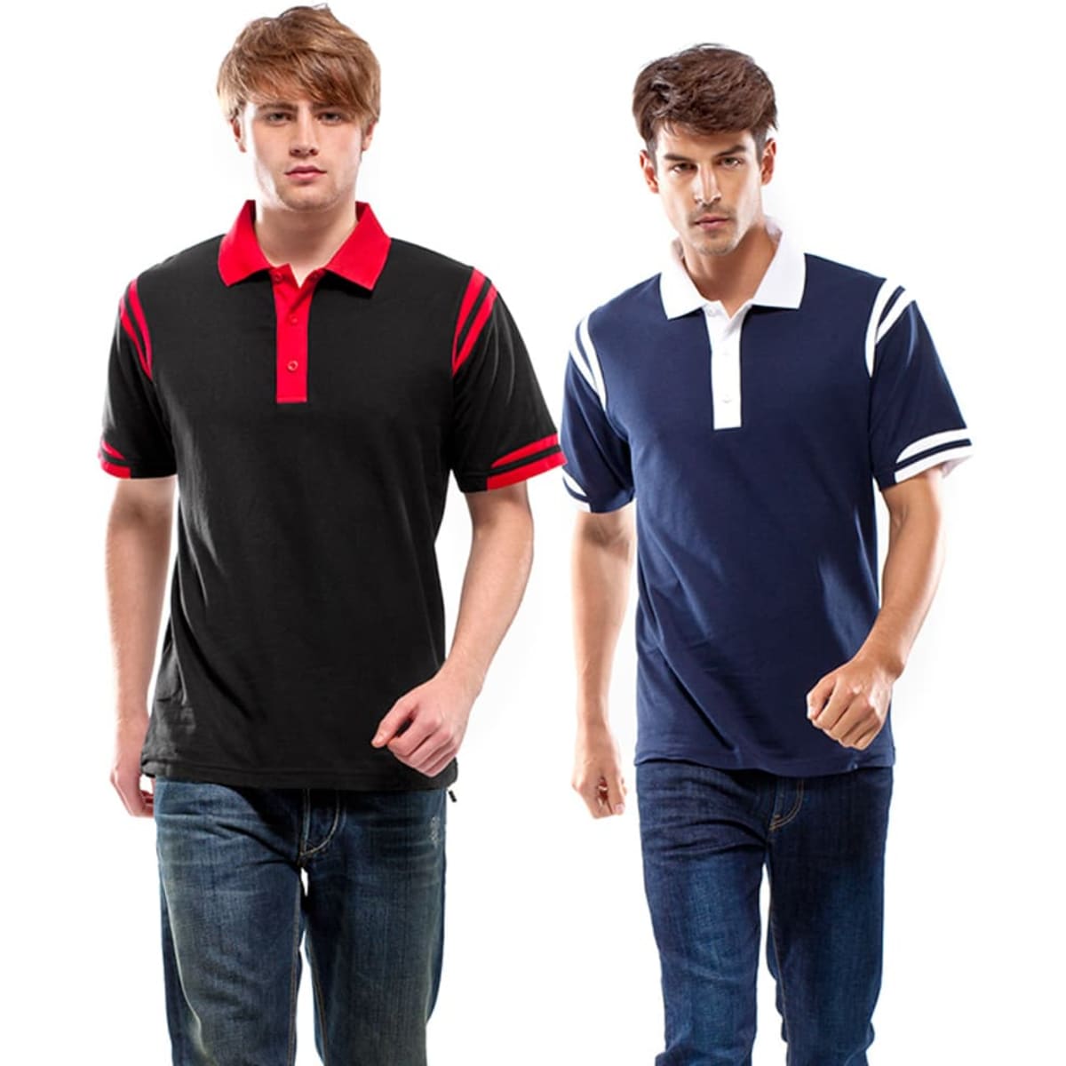 Two men wearing Stride Polos: one in black with red accents and the other in navy with white accents.