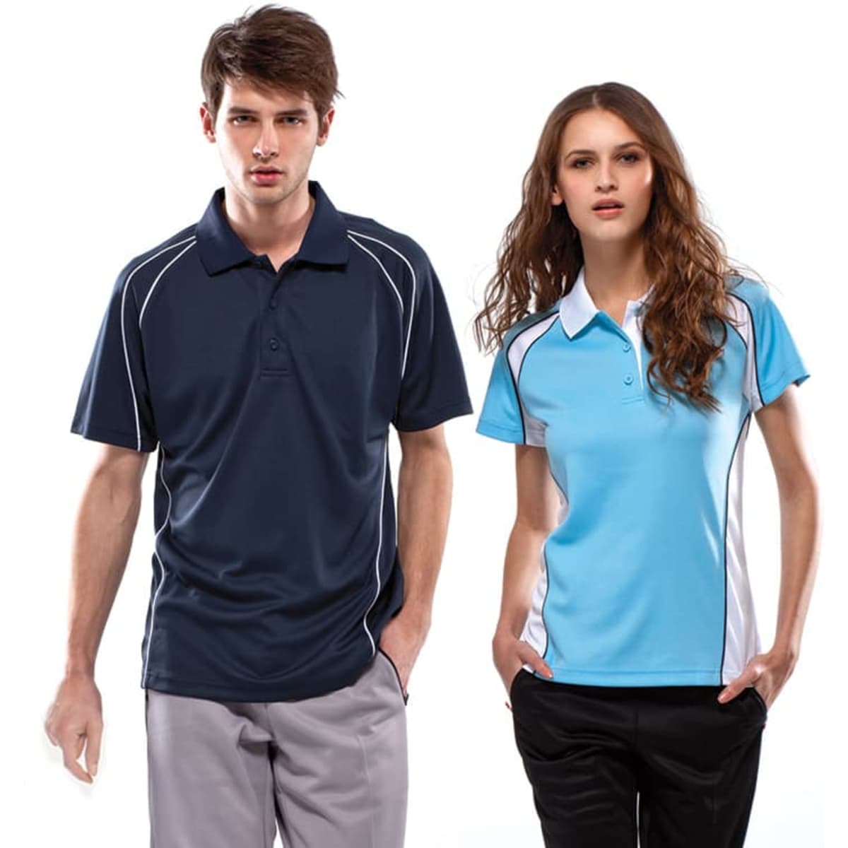 A navy blue polo shirt and a light blue polo shirt with white detailing, each featuring a logo on the chest.