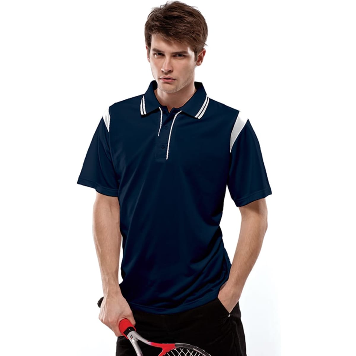 A navy polo shirt with white accents and a logo, worn by a model holding a tennis racquet.