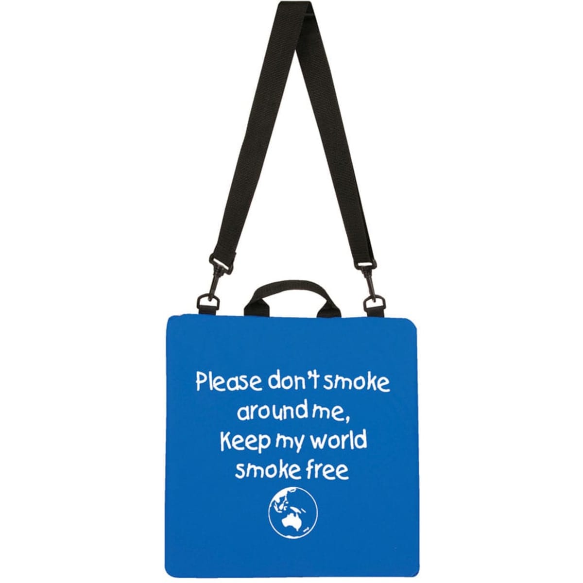 A blue stadium seat with a handle and adjustable straps featuring a message about maintaining a smoke-free environment.