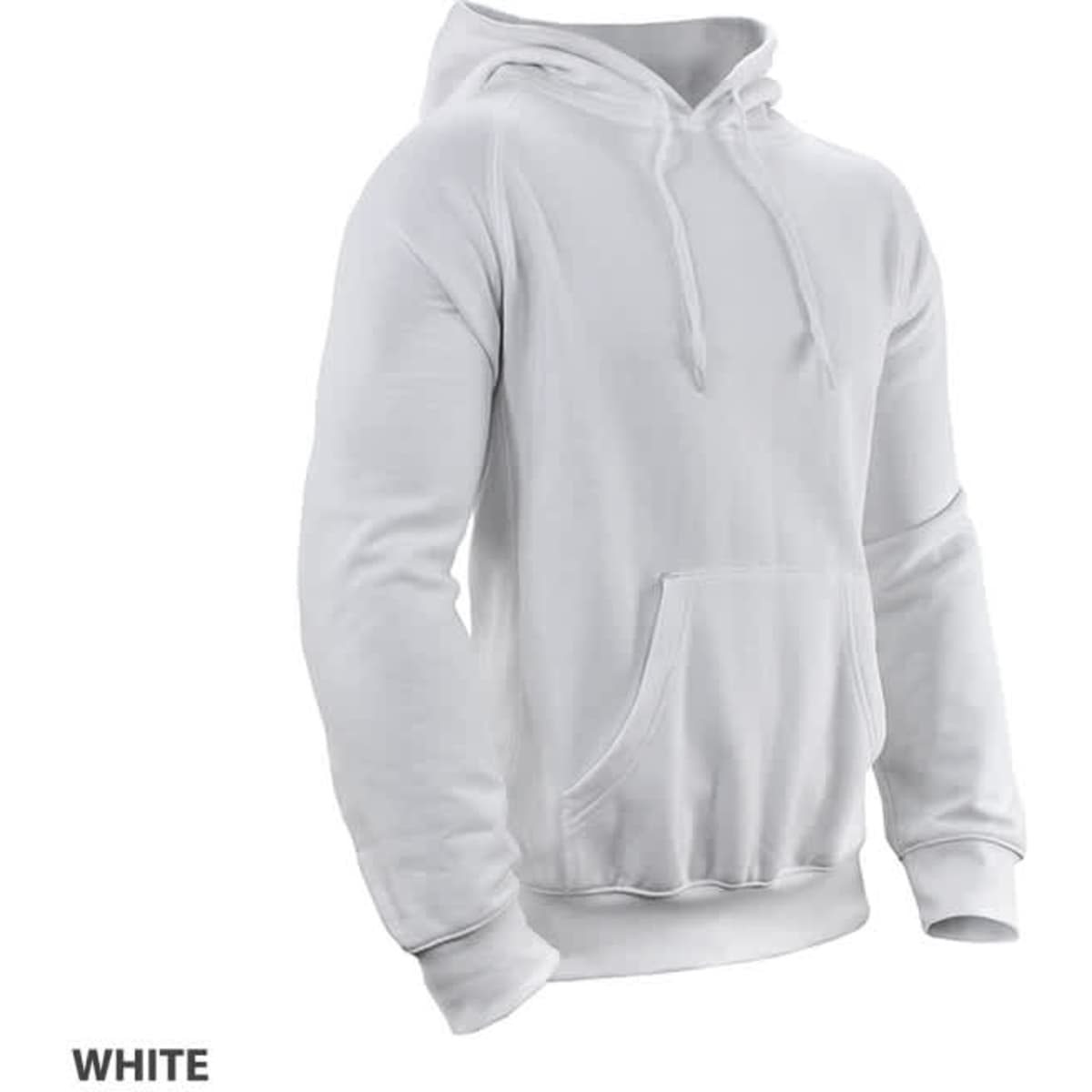 A white hoodie featuring a front pocket and drawstring hood, with a logo on the upper chest area.