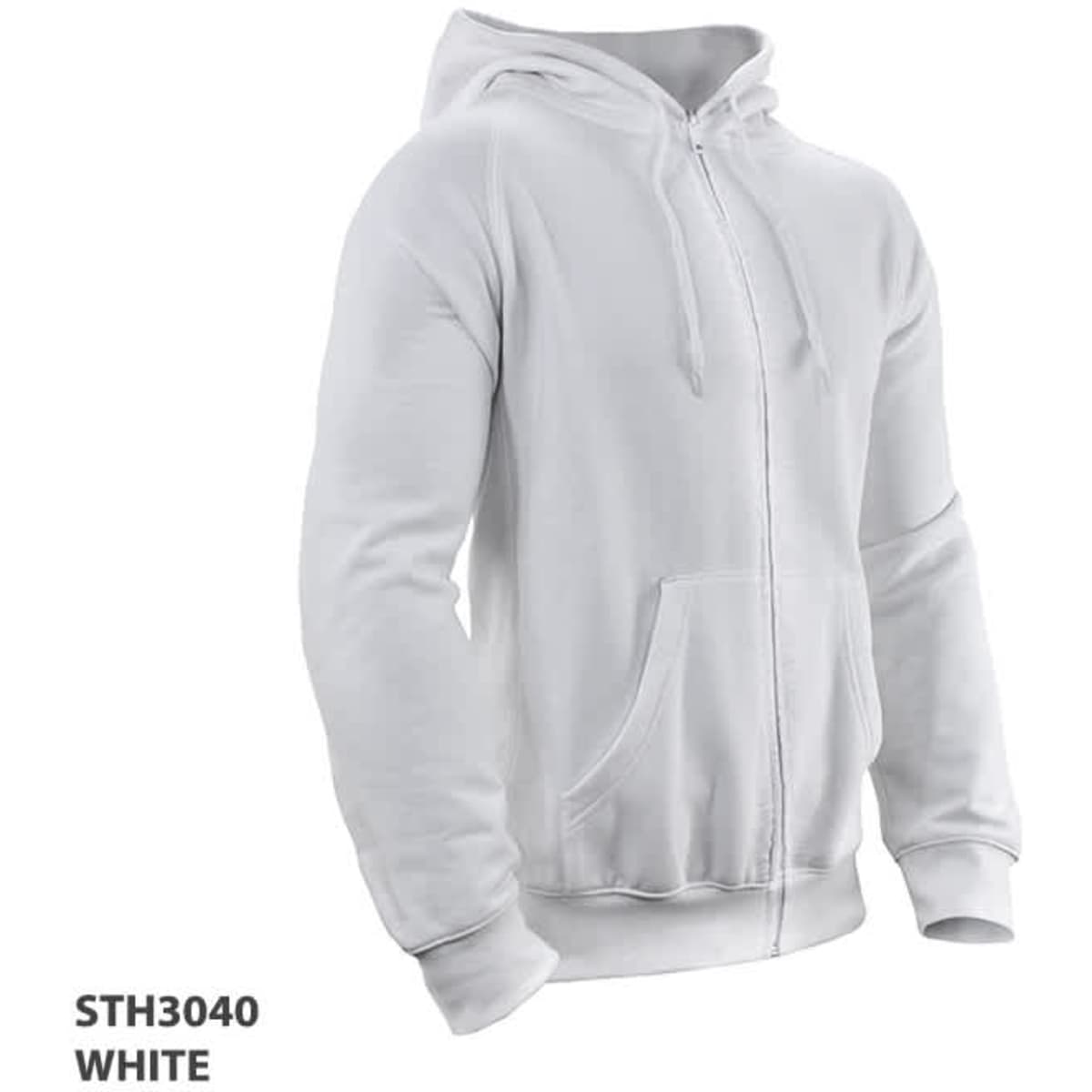 A white zip-up hoodie with a hood and front pockets. It features a logo on the fabric.