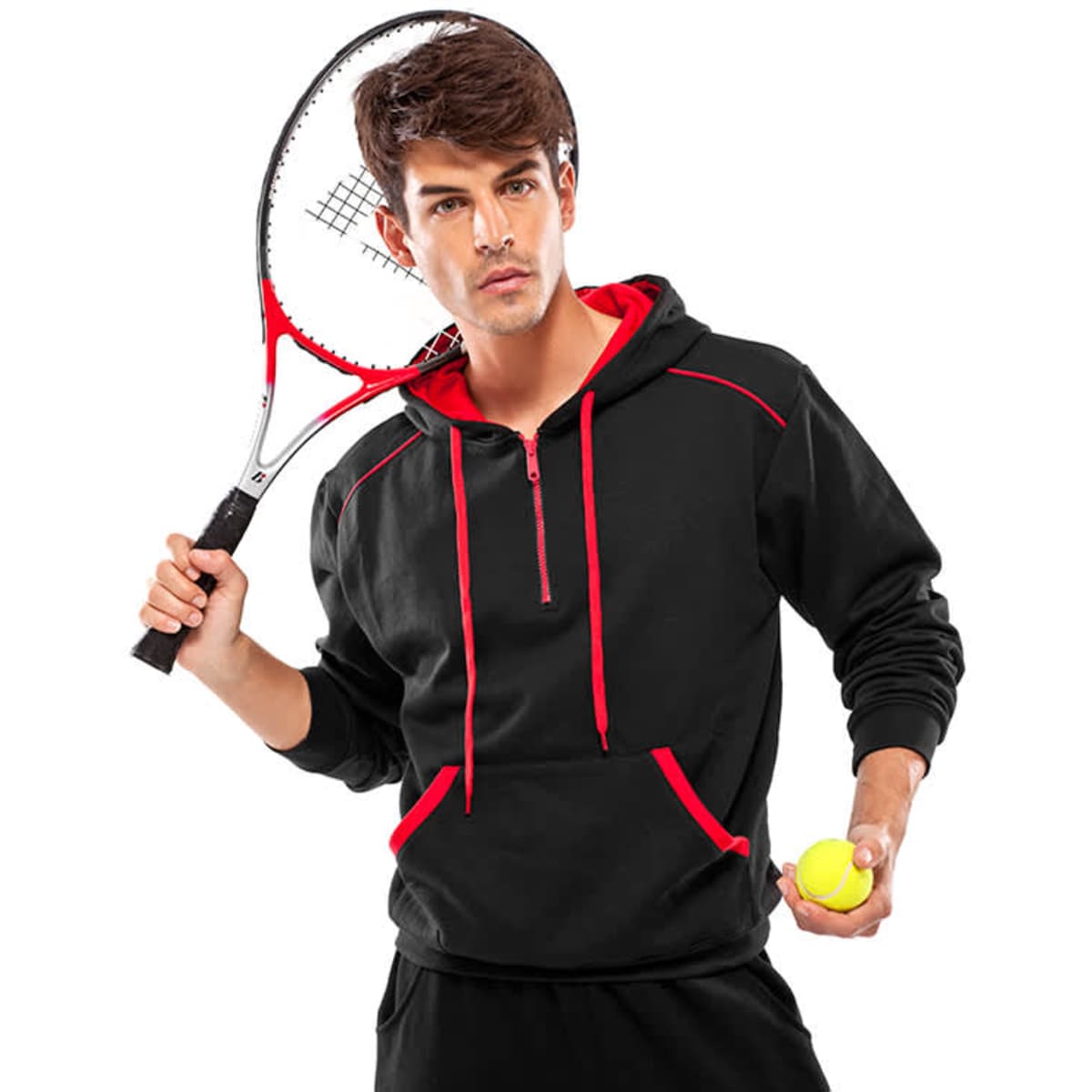 A black hoodie with red accents, featuring a front pocket and a logo, held by a person with a tennis racket and ball.