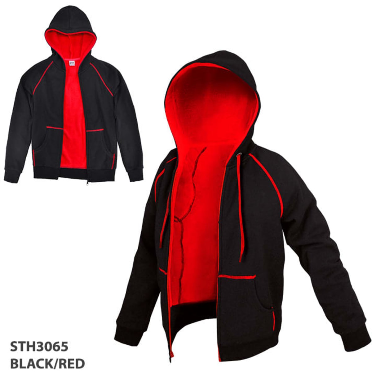A black and red hoodie featuring a hood, with contrasting red interior and detailing. It has a logo on one side.