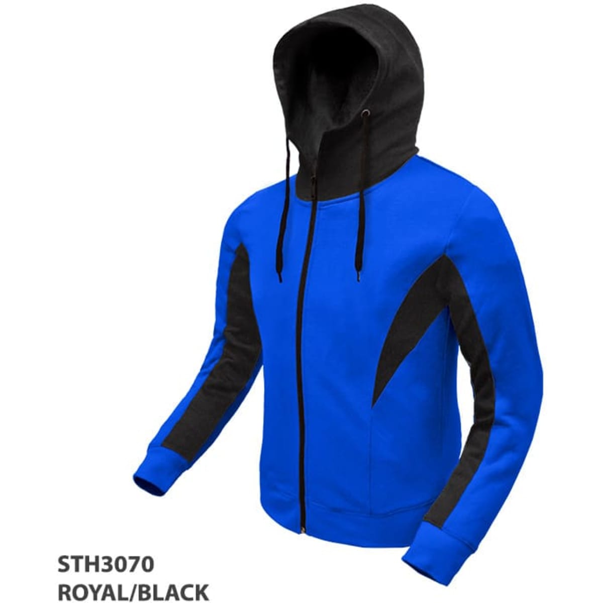 A blue and black hoodie featuring a zip front, a hood, and a contrasting design. It has a logo branding.