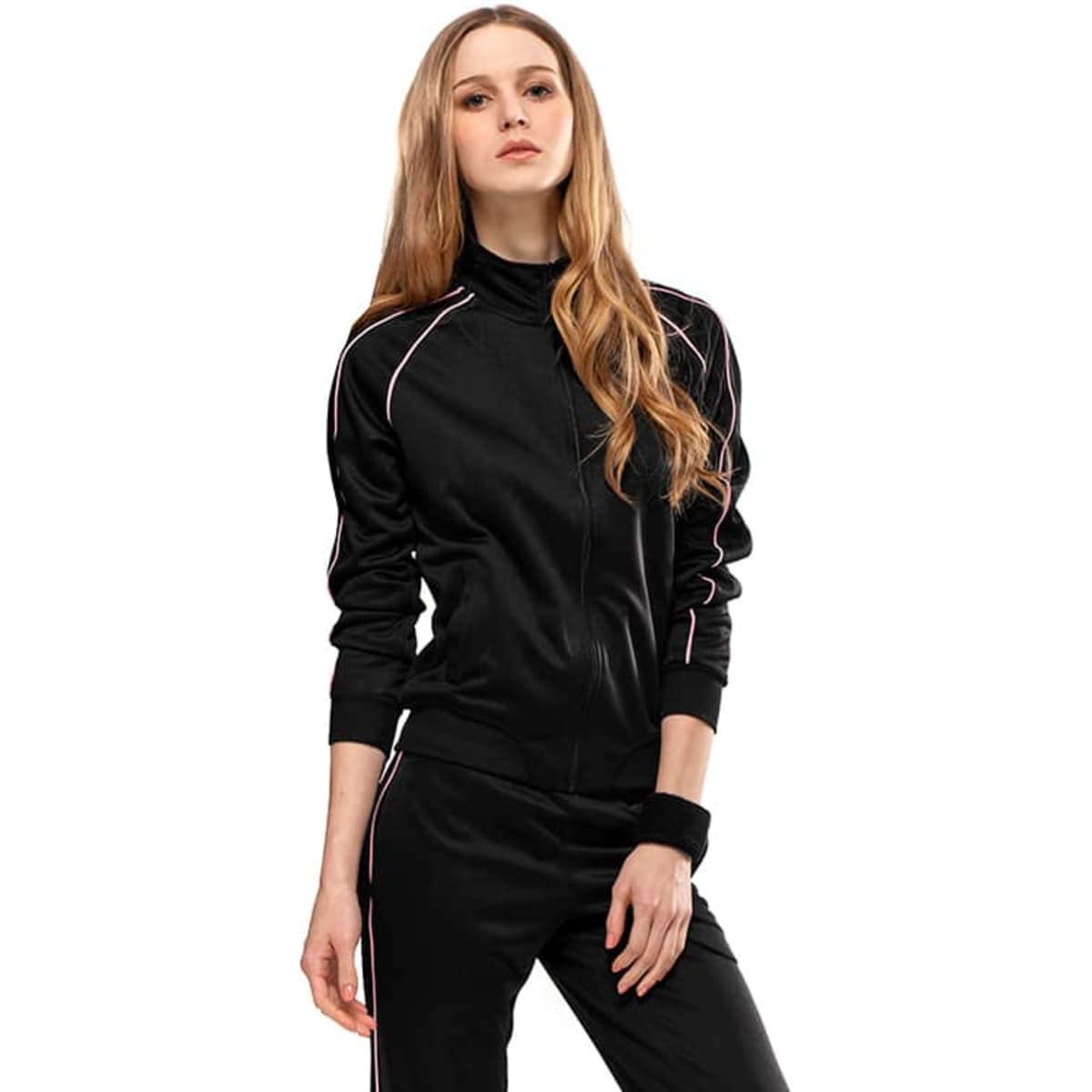 A black jacket with a zip front and contrasting pink stripes along the sleeves, featuring a logo.
