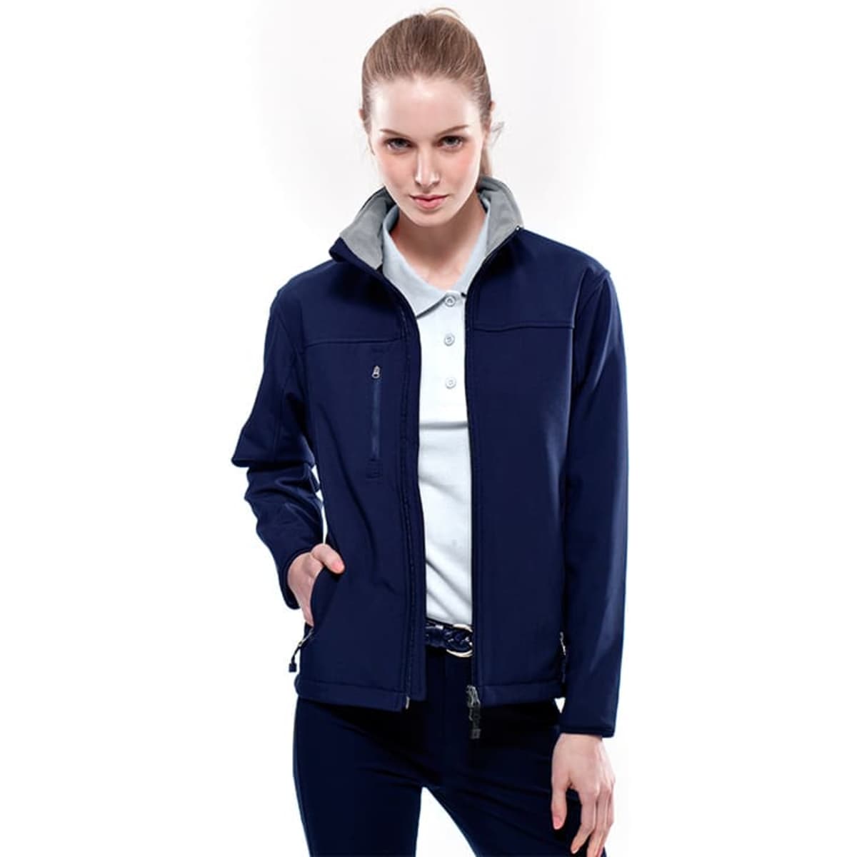 A soft shell jacket in navy, featuring a grey inner collar and a zippered front, with a branding logo visible.