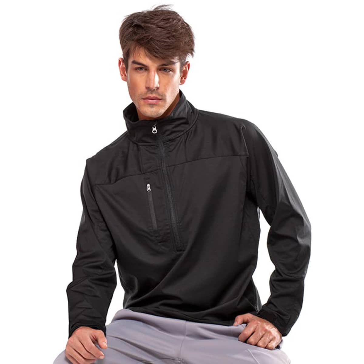 A black Cirrus jacket featuring a zippered front pocket and a high collar, worn by a seated male model.