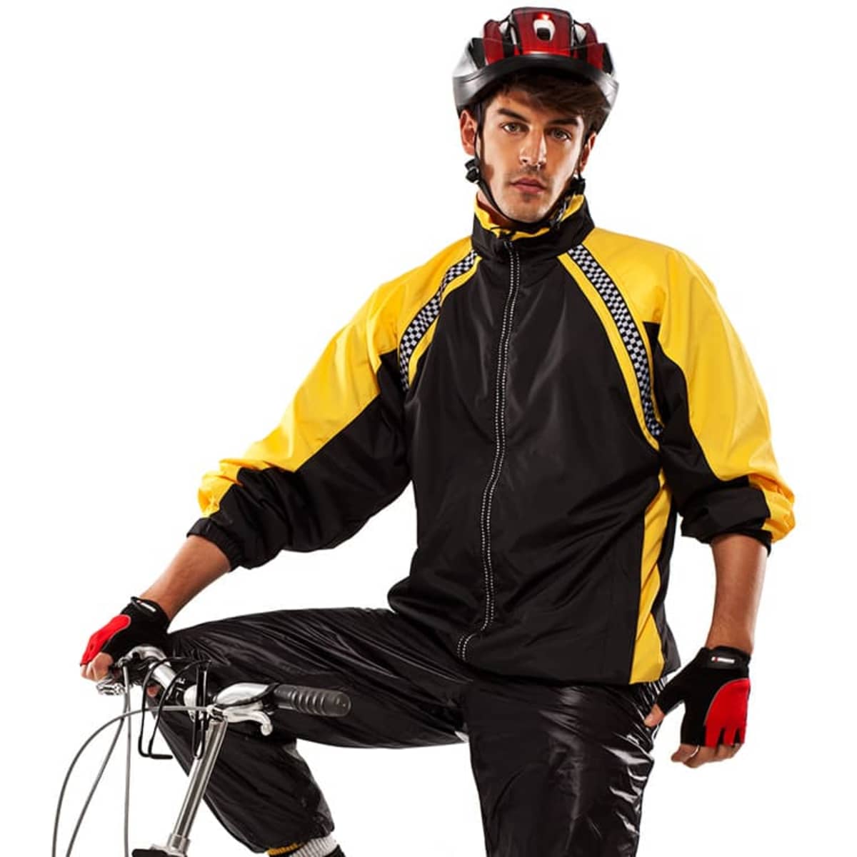 A jacket with black and yellow panels, worn by a model in cycling gloves and a helmet, featuring a logo.