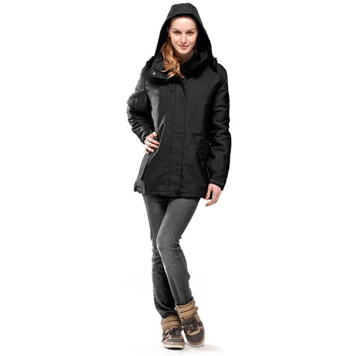 A black jacket with a hood, featuring a zip front and side pockets, worn by a standing woman in casual attire.