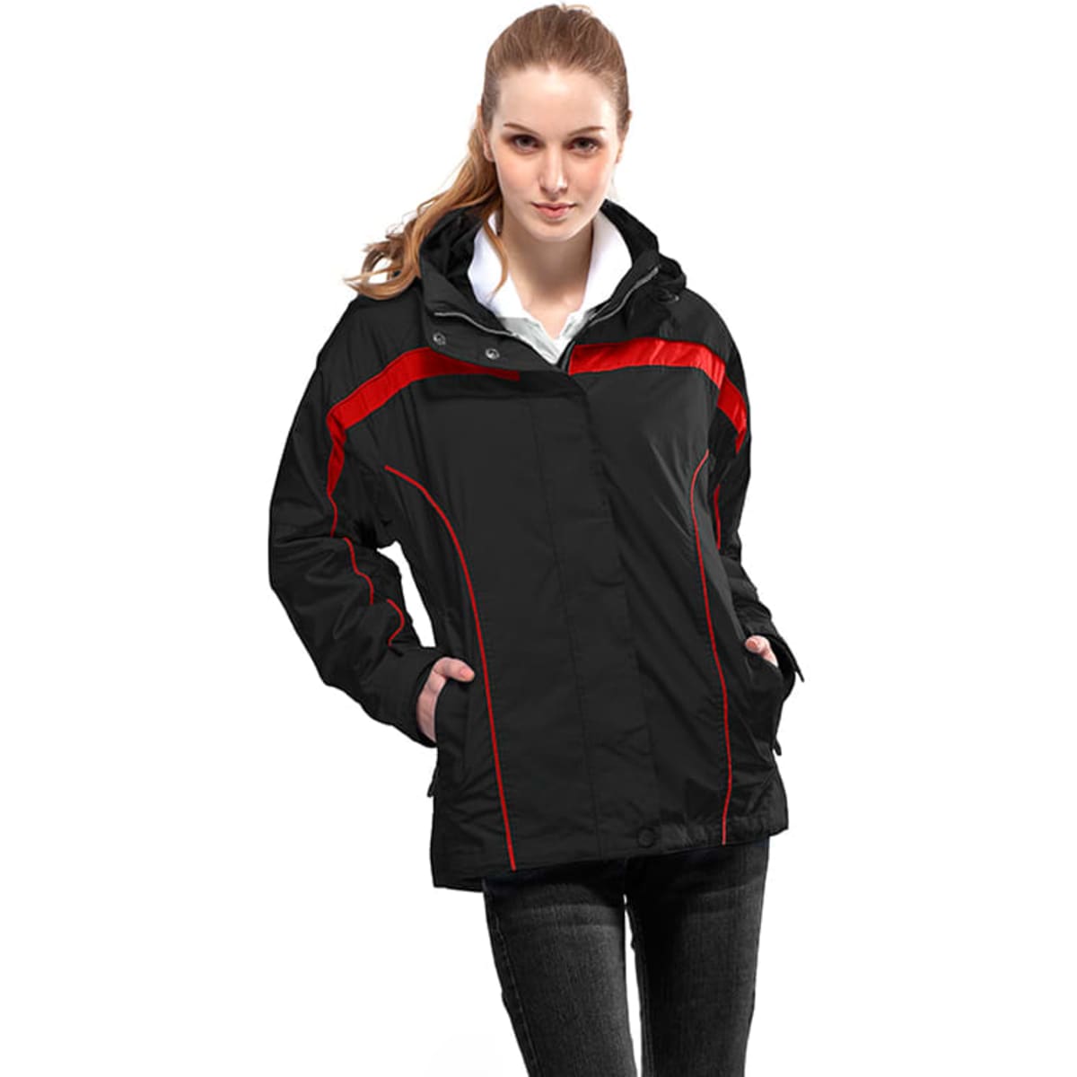 A black jacket with red accents, featuring a hood, pockets, and a logo. Model wearing it stands in a neutral pose.