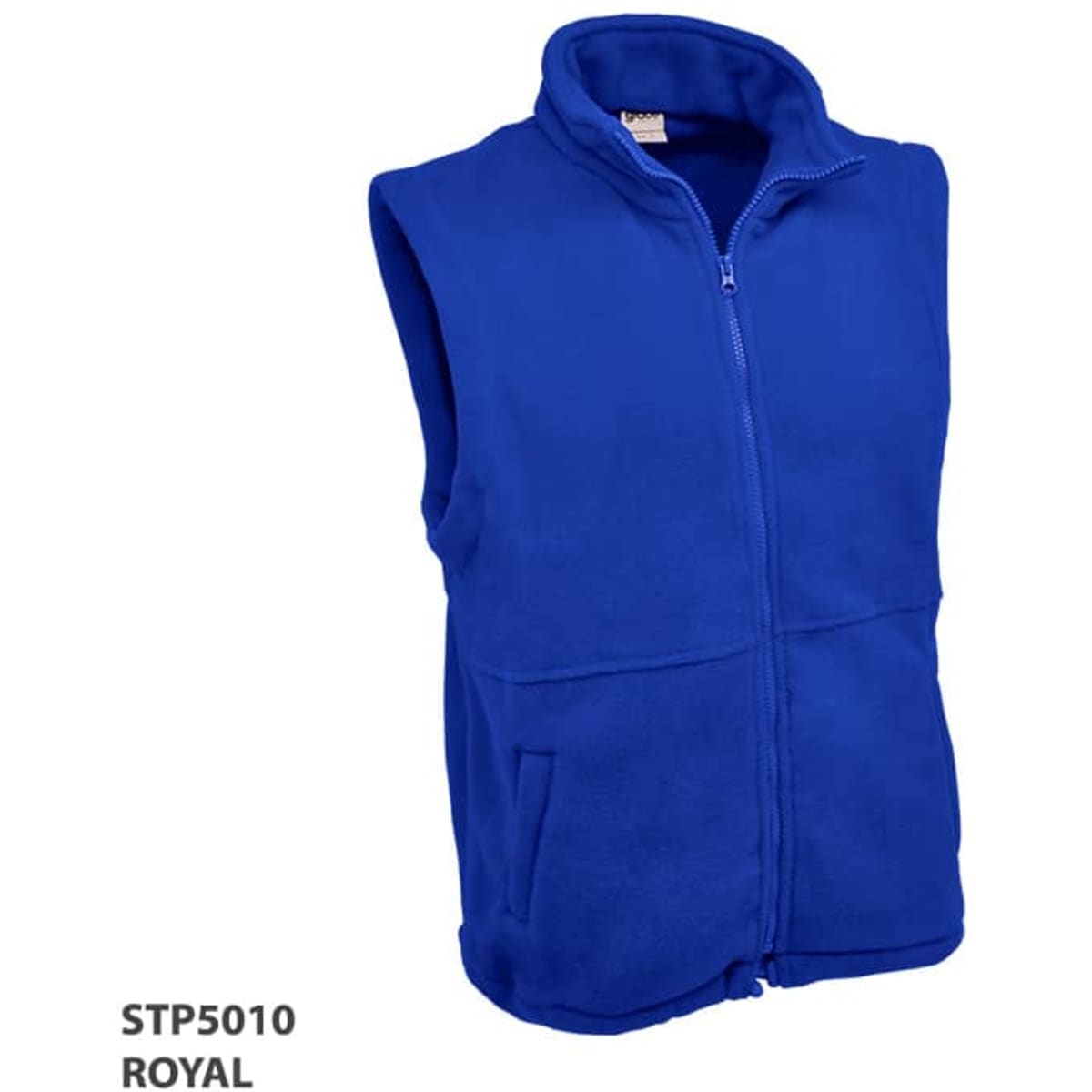 A polar fleece vest in royal blue with a zip front and no sleeves. It features a logo on the front.