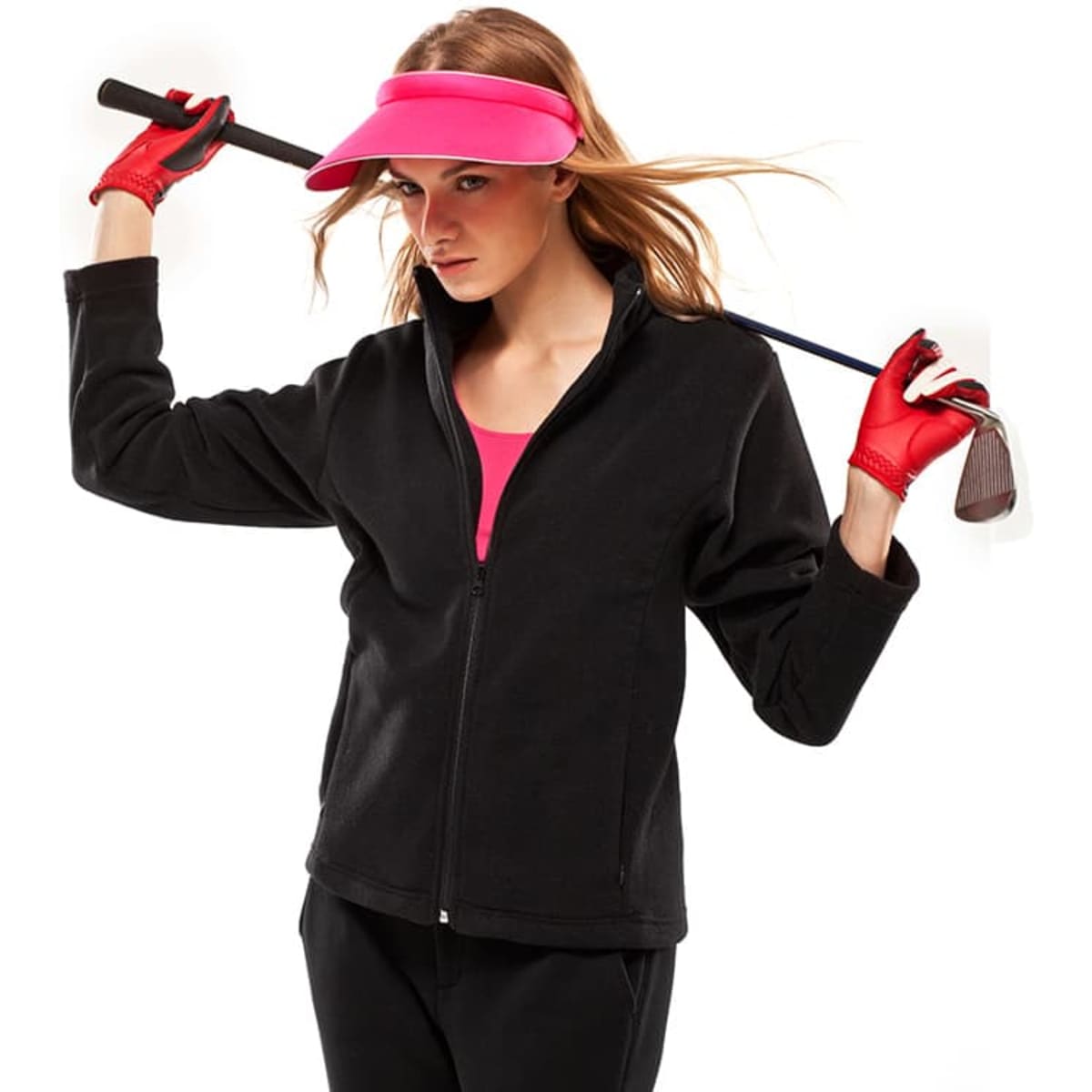 A model in a black polar fleece jacket, wearing a pink visor and red gloves, holding a golf club.