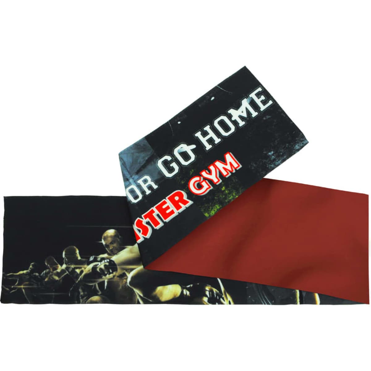 A single-sided sublimated scarf featuring a black design with red accents and a logo.