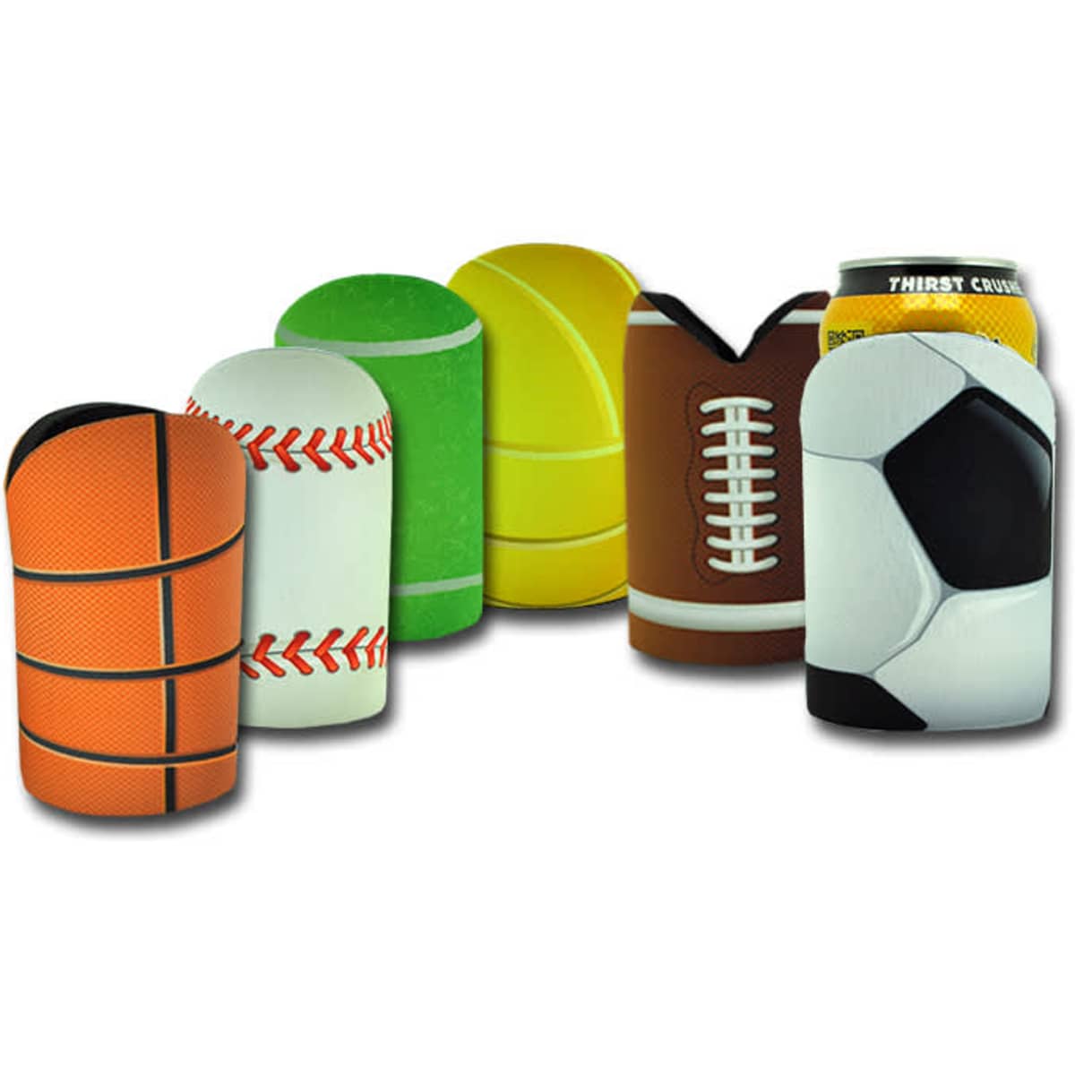 A collection of six drink bottle coolers, designed to resemble various sports balls in bright colours. Each features a logo.