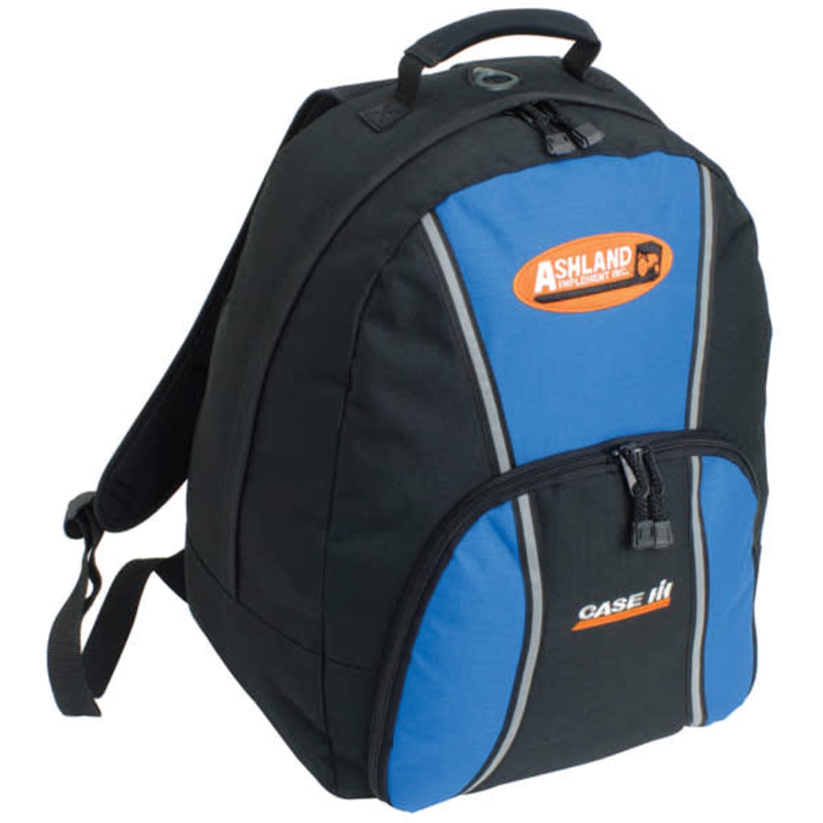 A black and blue backpack with zippers, featuring logos and reflective strips. It has adjustable straps and a top handle.