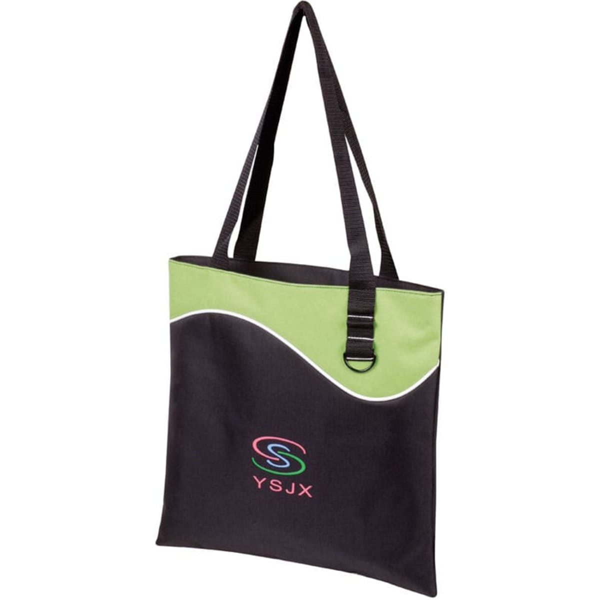 A black and lime green tote bag featuring a logo, with two sturdy shoulder straps.