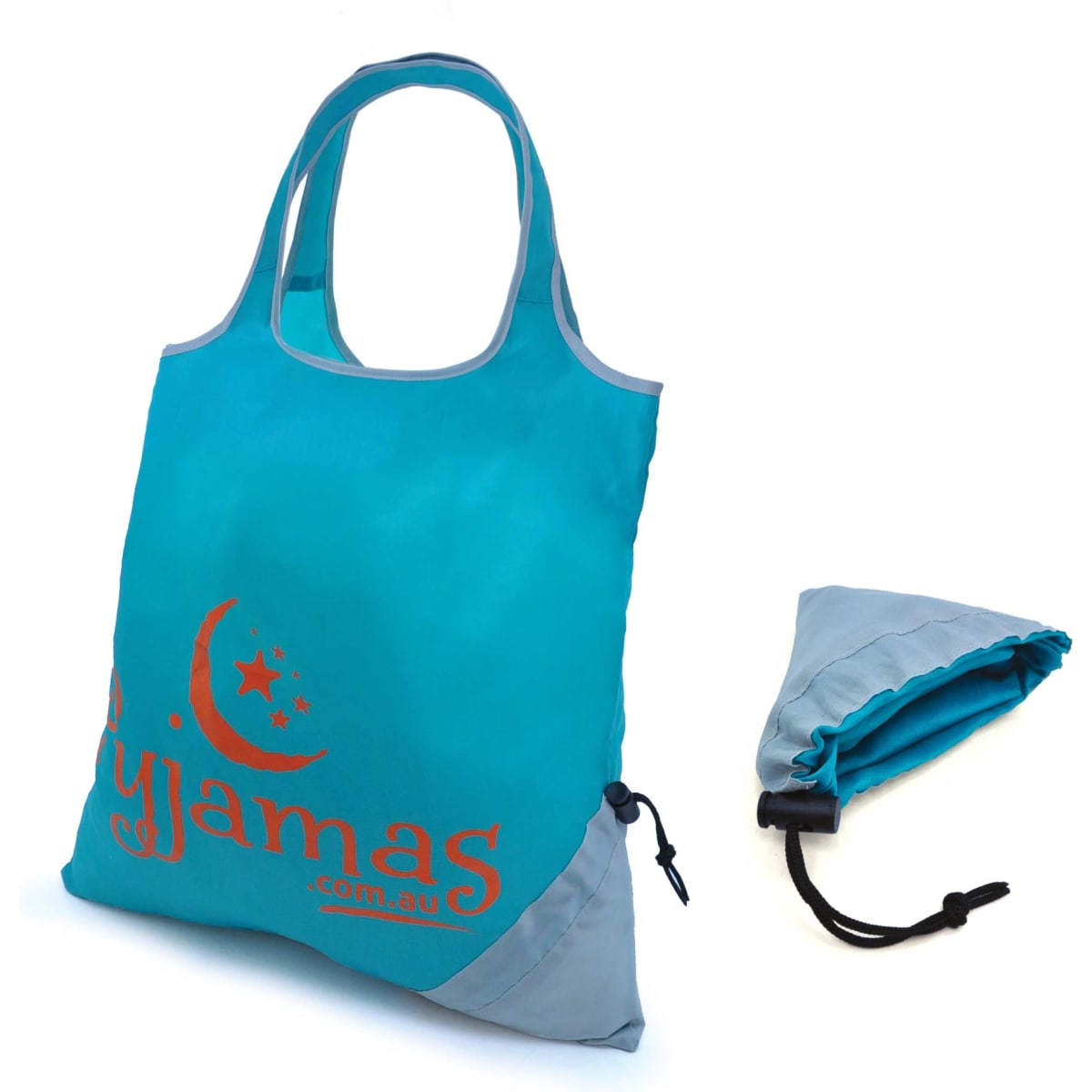 A turquoise and grey tote bag with a logo, accompanied by a matching pouch for storage.