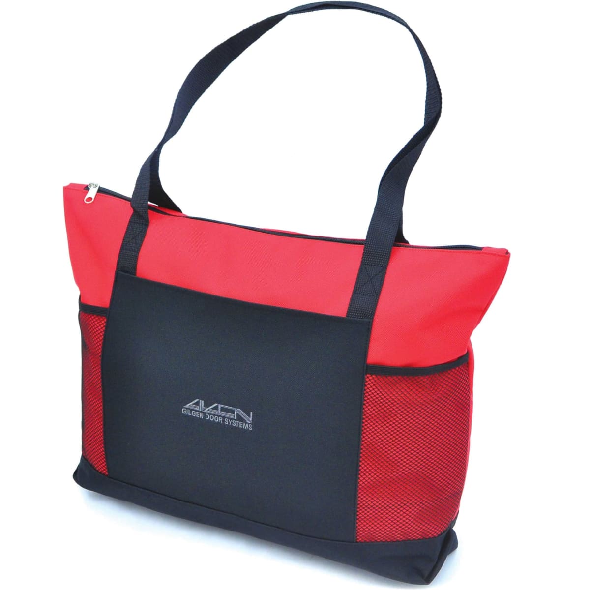 A red and black tote bag featuring a logo, with two sturdy handles and a zippered closure.