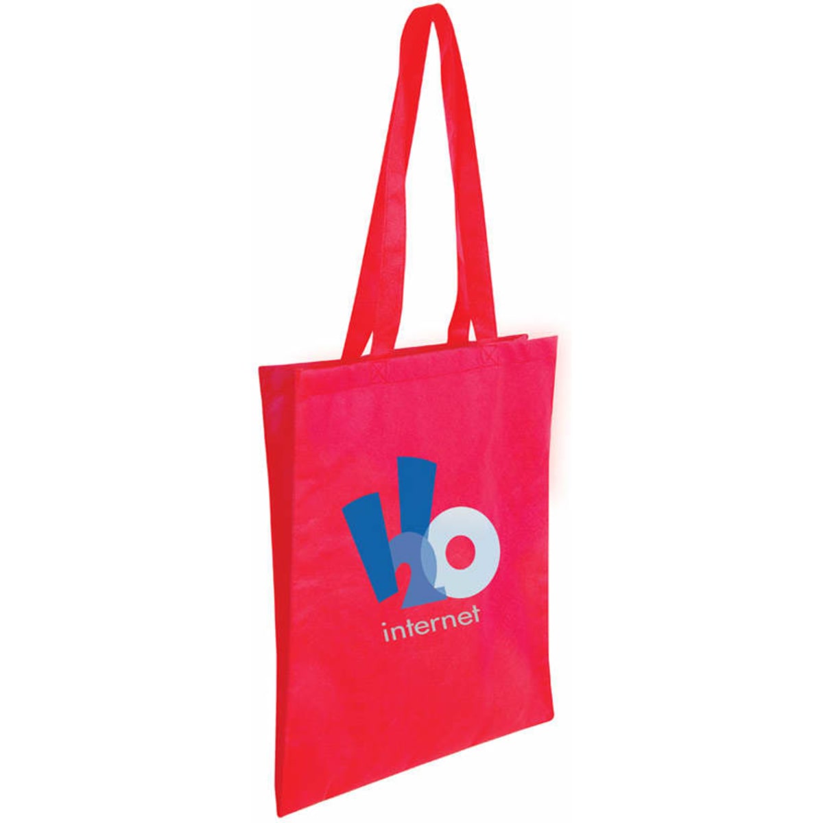A red tote bag with long handles, featuring a logo on one side.