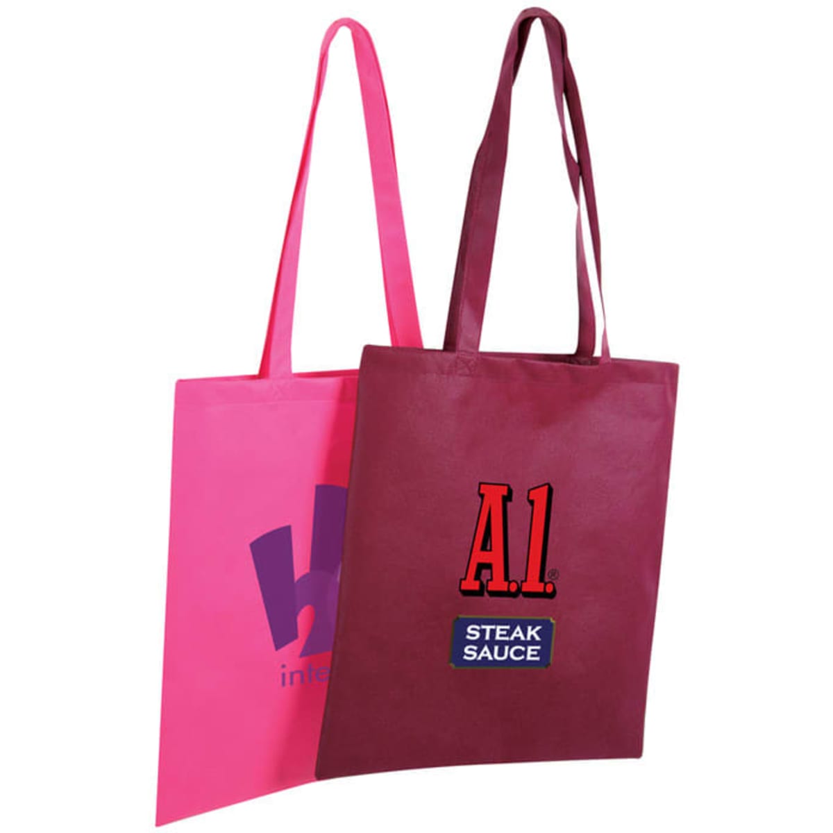 A pink and a burgundy tote bag without gussets, each featuring a logo on the front.