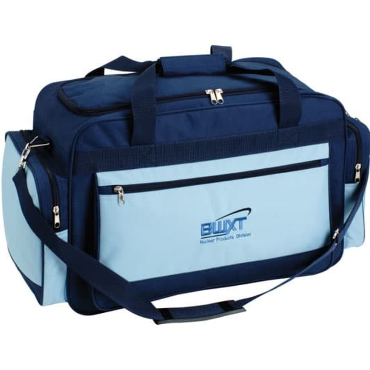 A navy and light blue duffle bag with a logo, featuring multiple compartments and sturdy handles.