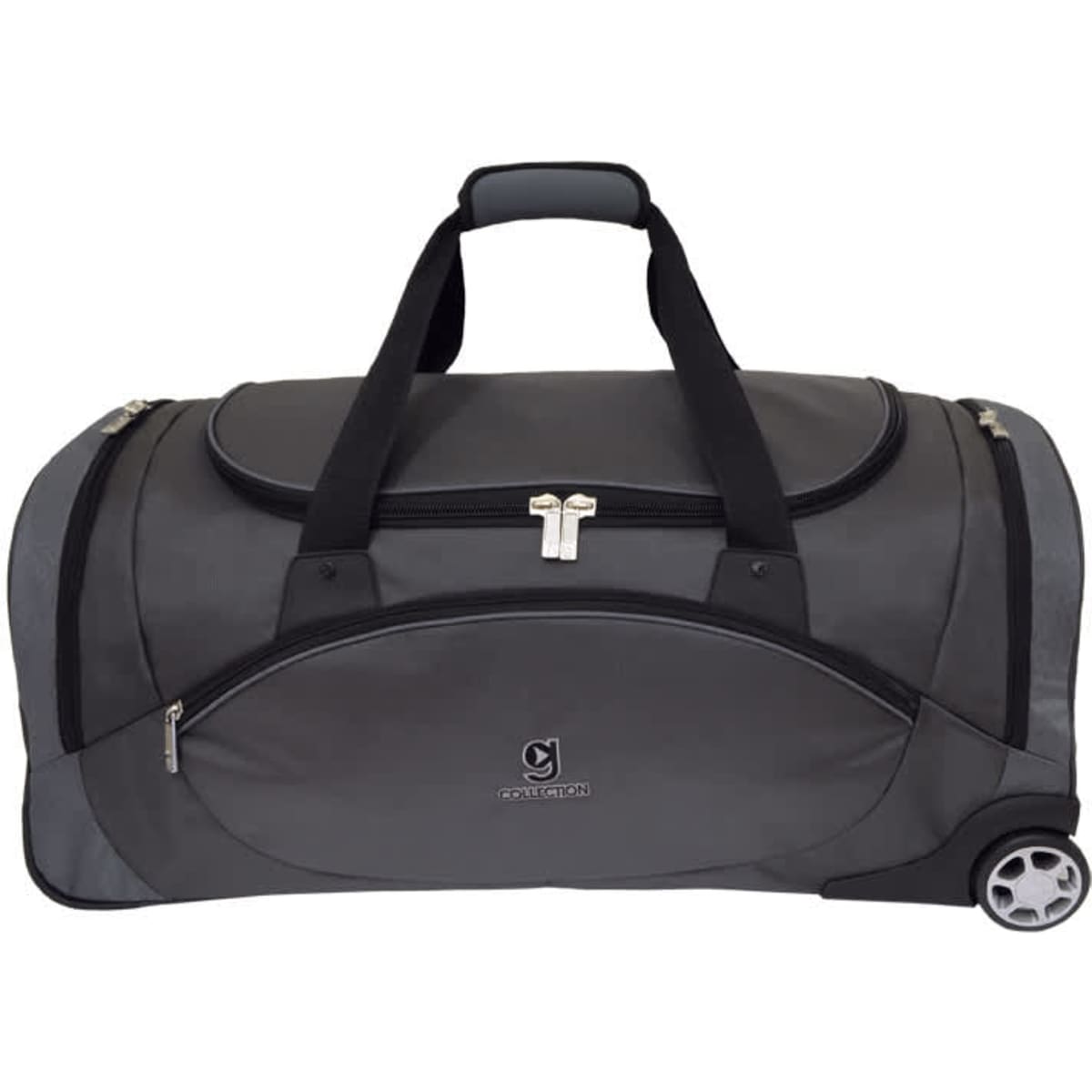 A wheeled travel bag in grey, featuring dual handles and a side pocket, with a branding logo visible.