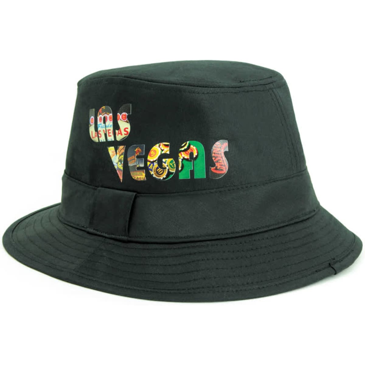 A black Trilby hat featuring colourful text with a Las Vegas theme and a logo on the side.